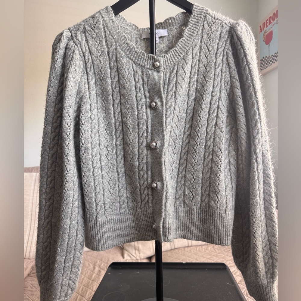 CeCe Pearl-Button Cable Knit Cardigan - Gray